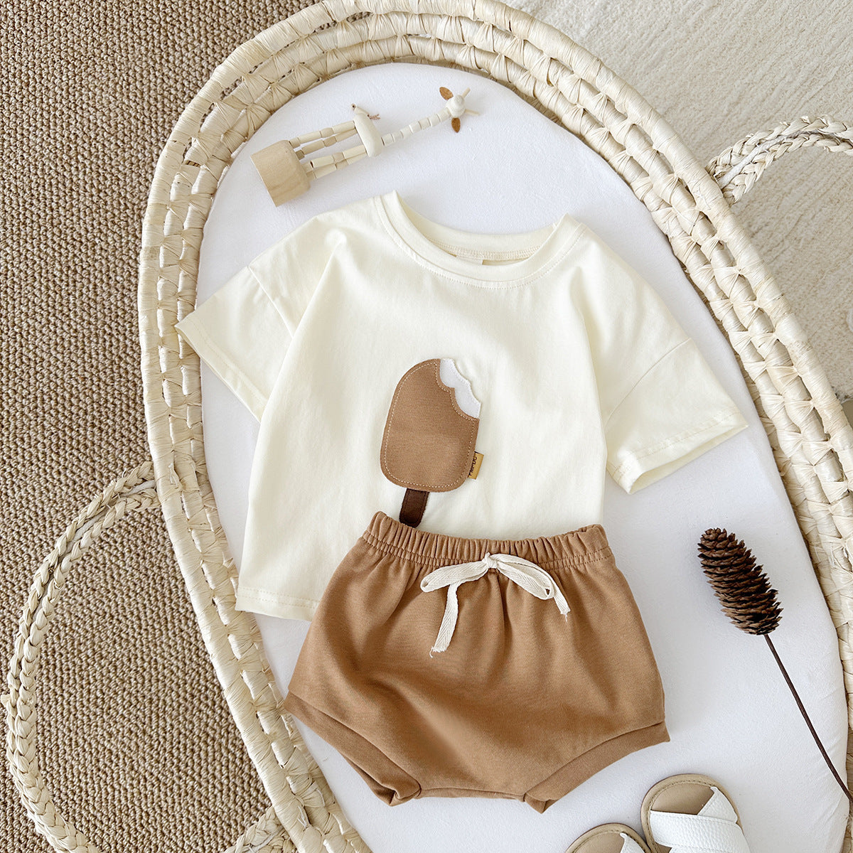 Girls Cotton Ice Cream Patch Shorts & Tee Set