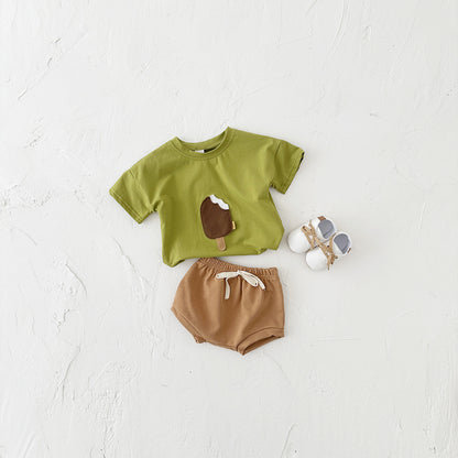 Girls Cotton Ice Cream Patch Shorts & Tee Set