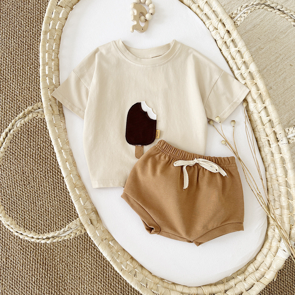 Girls Cotton Ice Cream Patch Shorts & Tee Set