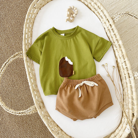 Girls Cotton Ice Cream Patch Shorts & Tee Set